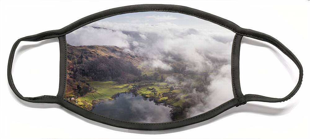 Panorama Face Mask featuring the photograph Loughrigg Tarn cloud inversion aerial lake district by Sonny Ryse