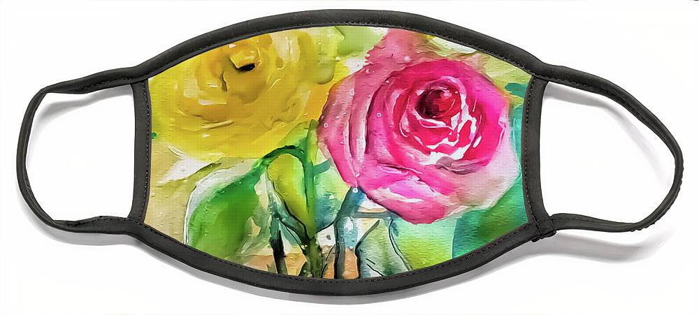 Roses Face Mask featuring the painting Lovely Colorful Roses In A Glass Vase by Lisa Kaiser