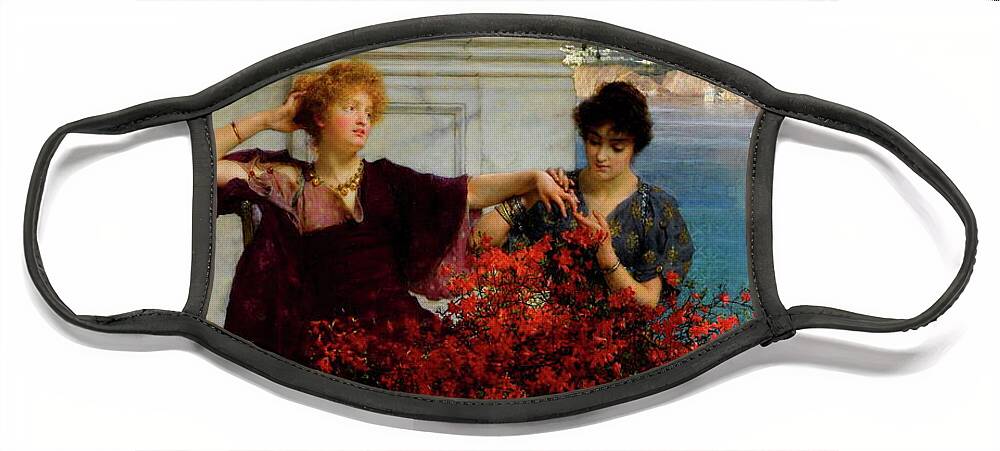 Love's Jewelled Fetter Face Mask featuring the painting Love's jewelled fetter by Lawrence Alma-Tadema
