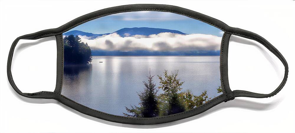 Landscape Face Mask featuring the photograph Low Distant White Clouds Over Lake by Russel Considine