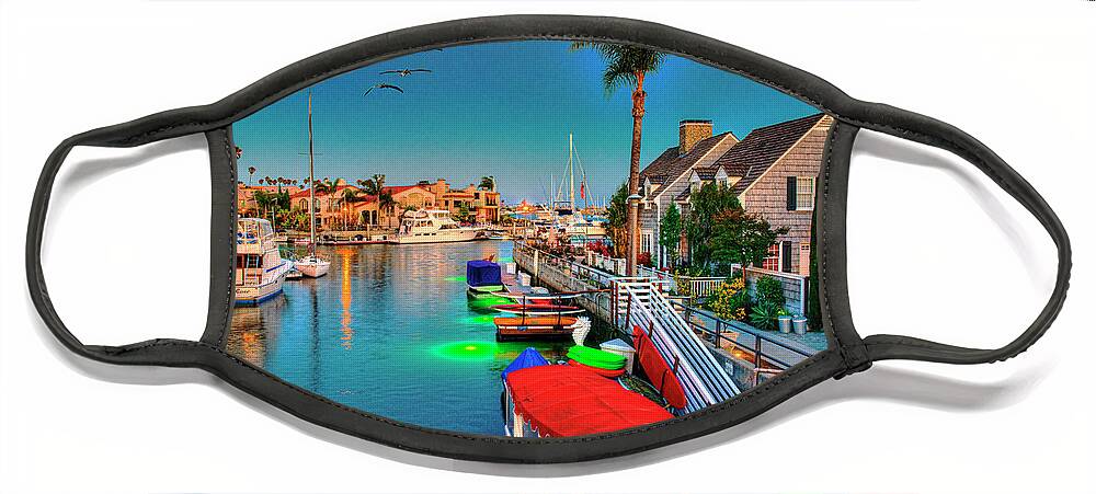 Happy Days Are Here Again ... The Naples Canals Are A Must-see And Has Houses Along The Waterway In Belmont Shore Face Mask featuring the photograph Magical Naples Canal at Night by David Zanzinger