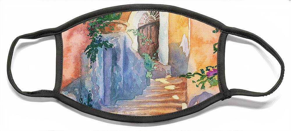 Watercolor Painting Face Mask featuring the painting Magical Stairs by Espero Art