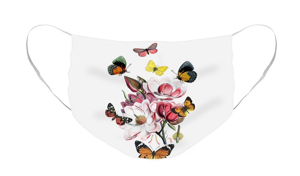 Magnolia Face Mask featuring the digital art Magnolia with butterflies by Madame Memento