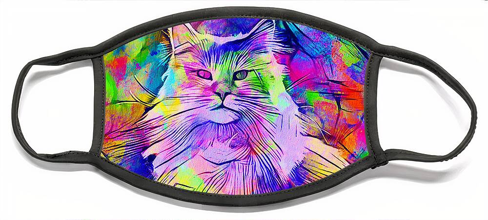 Maine Coon Face Mask featuring the digital art Maine Coon cat looking at camera - colorful lines digital painting by Nicko Prints