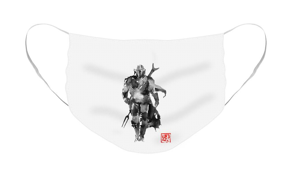 Mandalorian Star Wars Sumie Japan Face Mask featuring the drawing Mandalorian by Pechane Sumie