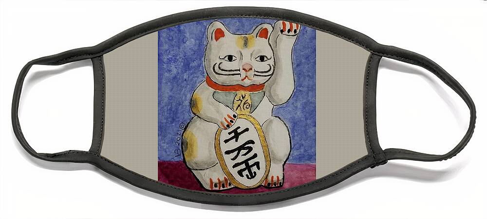 Japanese Cat Face Mask featuring the painting Maneki Neko Beckoning Cat by Vera Smith