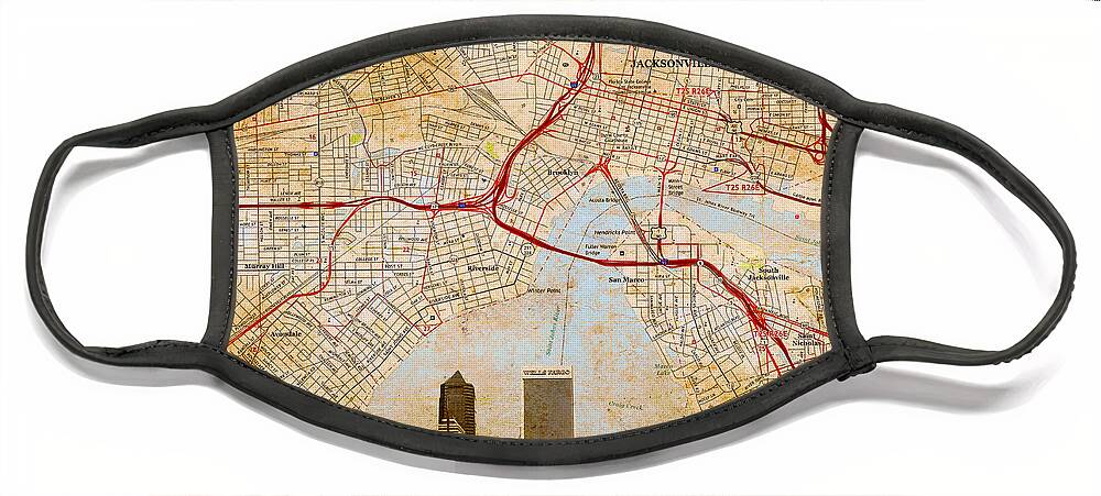 Map Face Mask featuring the digital art Map of Downtown Jacksonville, Florida, and skyline blended on old paper by Nicko Prints