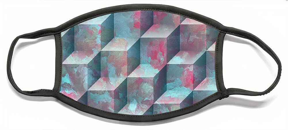 Pink And Aqua Face Mask featuring the mixed media Marbled Geometric I by Bonnie Bruno