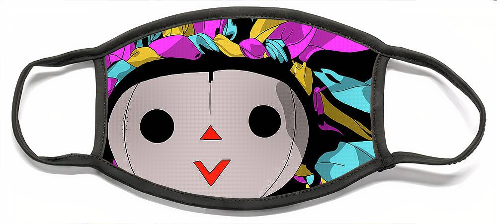 Mazahua Face Mask featuring the digital art Maria Doll yellow pink turquoise by Marisol VB