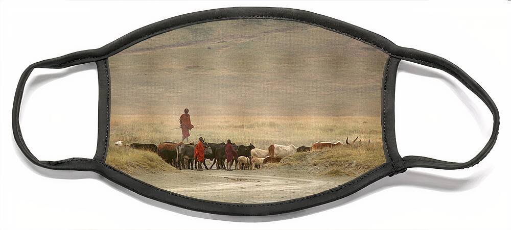 Africa Face Mask featuring the photograph Masai Herding Cattle in Africa by Bonnie Colgan