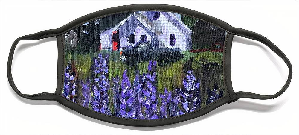 Maine Face Mask featuring the painting Matinicus House with Lupine by Cyndie Katz