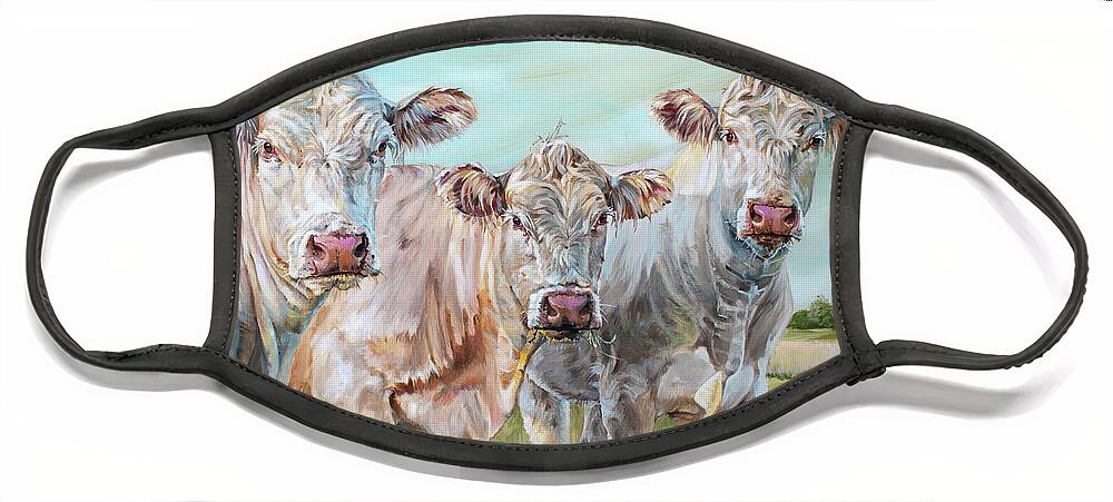Cow Face Mask featuring the painting Mavis in the Middle - 3 Cows Painting by Annie Troe