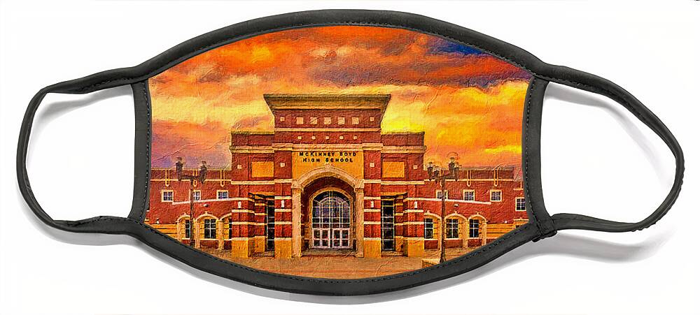 Mckinney Boyd High School Face Mask featuring the digital art McKinney Boyd High School at sunset - digital painting by Nicko Prints