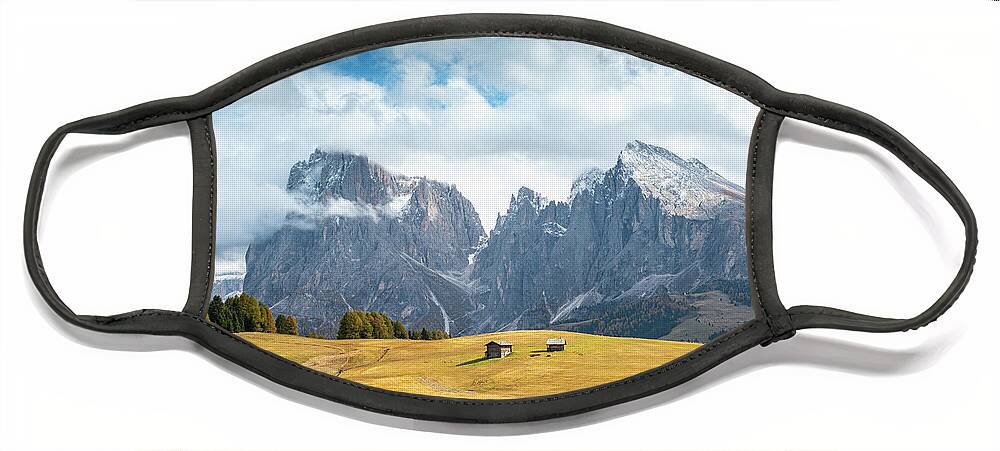 Mountain Landscape Face Mask featuring the photograph Meadow field and the Dolomiti rocky peaks Alpe di siusi Seiser Alm Italy by Michalakis Ppalis