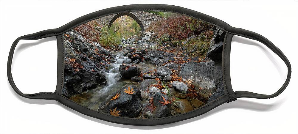 Autumn Face Mask featuring the photograph Medieval stoned bridge with water flowing in the river in autumn. by Michalakis Ppalis