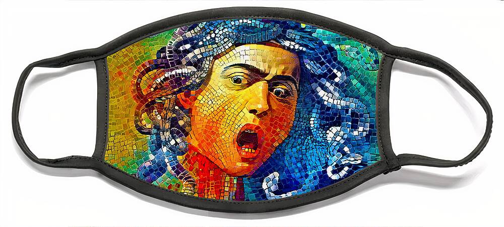 Medusa Face Mask featuring the digital art Medusa by Caravaggio - colorful mosaic by Nicko Prints