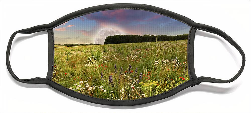 Norfolk Face Mask featuring the photograph Mega moon rising over flower meadow by Simon Bratt