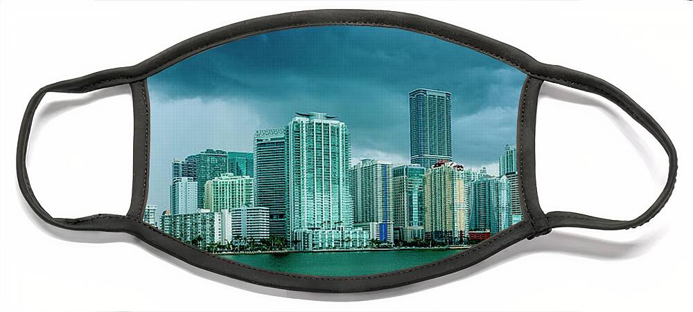 Biscayne Bay Face Mask featuring the digital art Miami Skyline from Biscayne Bay by SnapHappy Photos