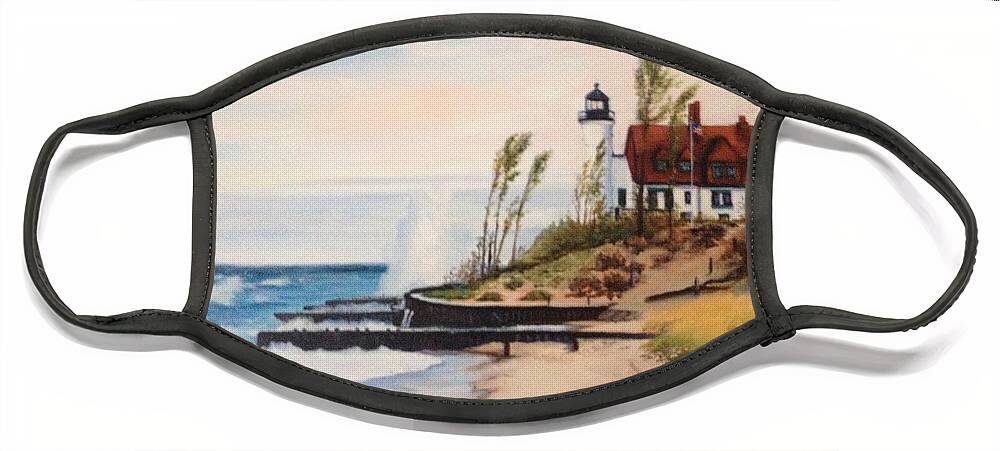 Lighthouse Face Mask featuring the painting Michigan Lighthouse by Judy Rixom
