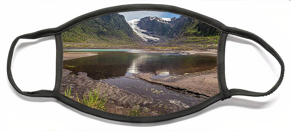 Chile Face Mask featuring the photograph Michinmahuida glacier with pond reflexion by Henri Leduc