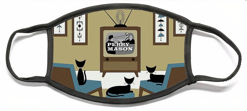 Mid Century Cat Face Mask featuring the digital art Mid Century Cats Watch Perry Mason Beige by Donna Mibus