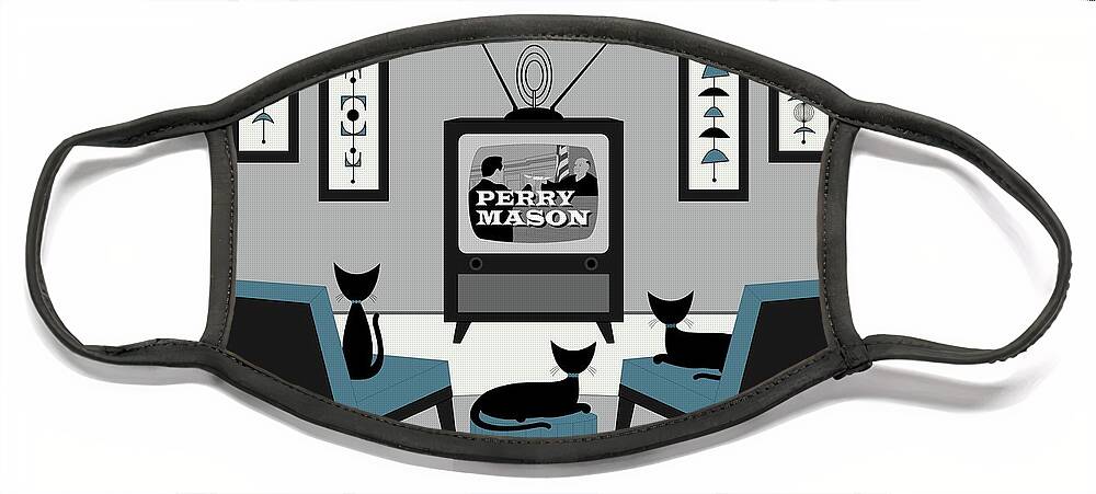 Mid Century Cat Face Mask featuring the digital art Mid Century Cats Watch Perry Mason by Donna Mibus