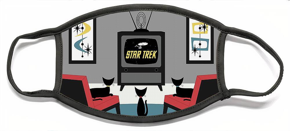 Mid Century Cats Face Mask featuring the digital art Mid Century Cats Watch Star Trek by Donna Mibus