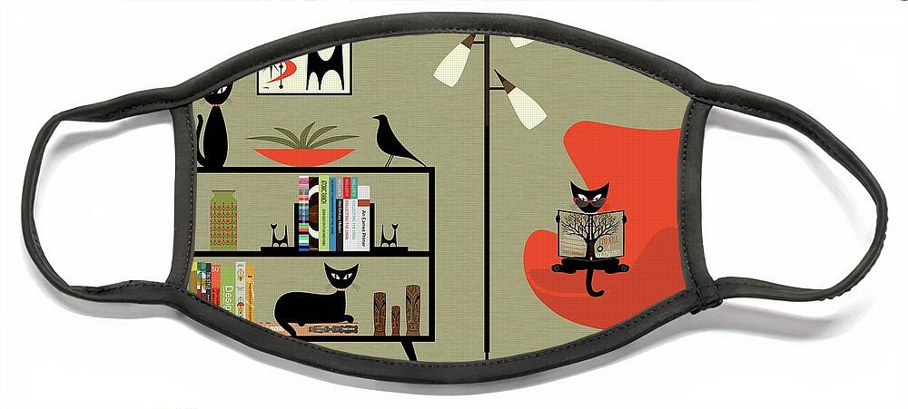 Mid Century Modern Face Mask featuring the digital art Mid Century Modern Cat Reading by Donna Mibus