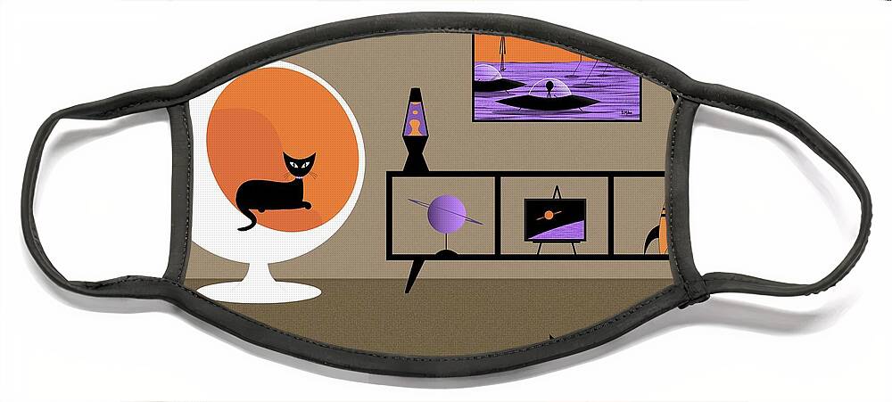 Mid Century Modern Face Mask featuring the digital art Mid Century Outer Space Room with Black Cats by Donna Mibus