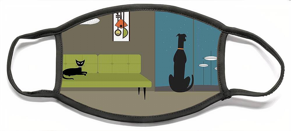 Mid Century Modern Face Mask featuring the digital art Mid Century Room with Dog and Cats by Donna Mibus