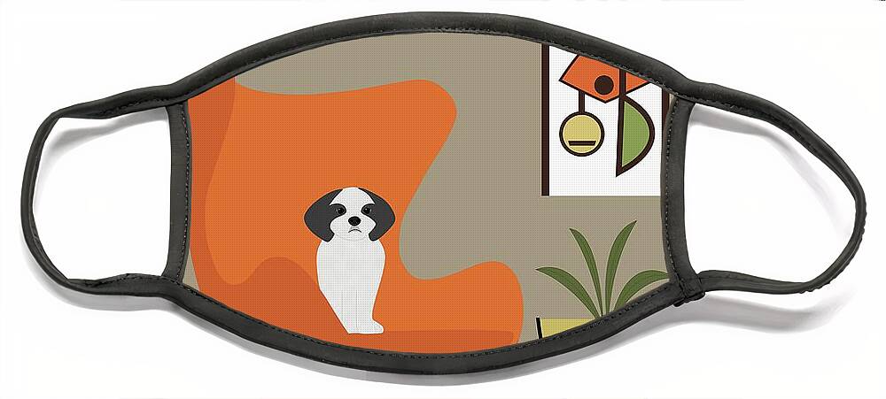 Mid Century Dog Face Mask featuring the digital art Mid Century Shih Tzu in Orange Egg Chair by Donna Mibus