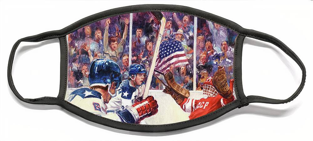 Dennis Lyall Face Mask featuring the painting Miracle On Ice - USA Olympic Hockey Wins Over USSR by Dennis Lyall