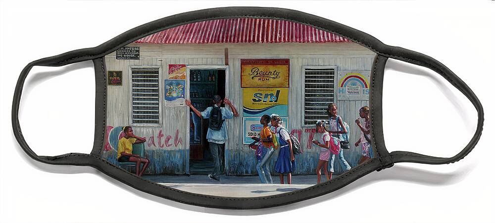 Caribbean Face Mask featuring the painting Miss Helen's Shop by Jonathan Gladding