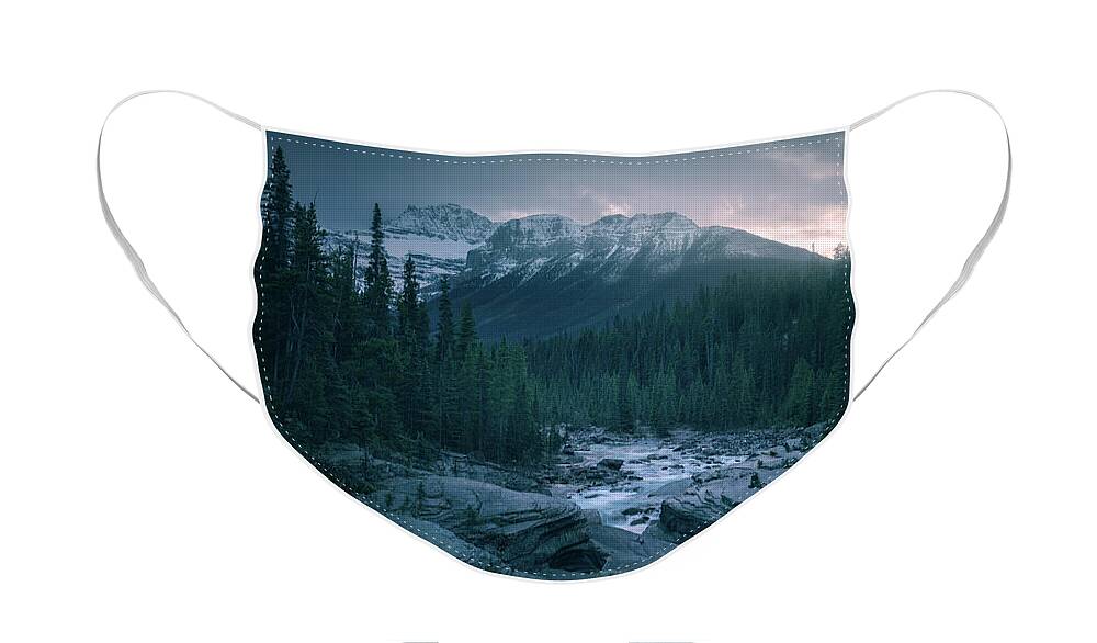 Dark Face Mask featuring the photograph Mistaya Sunset by Henry w Liu