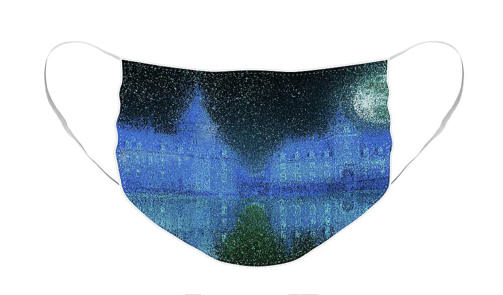 Castle Face Mask featuring the painting Moated castle on a moonlit night by Alex Mir