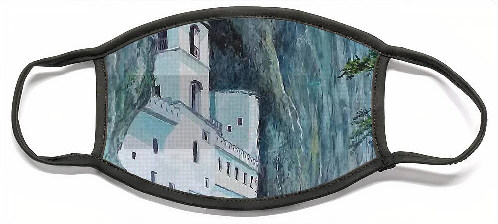Architecture Face Mask featuring the painting Monastery Ostrog Montenegro by Sinisa Saratlic