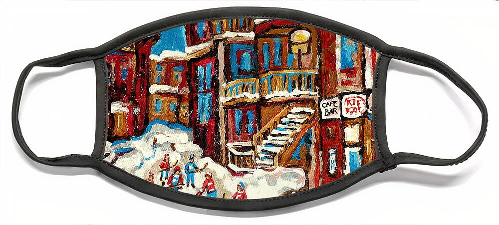 Montreal Face Mask featuring the painting Montreal Verdun Balconville Street Hockey Painting Carole Spandau Canadian Artist Quebec Art Scenes by Carole Spandau
