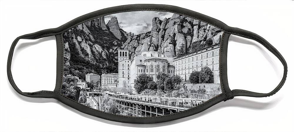 Catalonia Face Mask featuring the photograph Montserrat Monastery and its tourist complex - B-W by Jordi Carrio Jamila