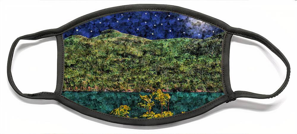 Moon Face Mask featuring the digital art Moon and Stars Over Huletts on Lake George by Russel Considine