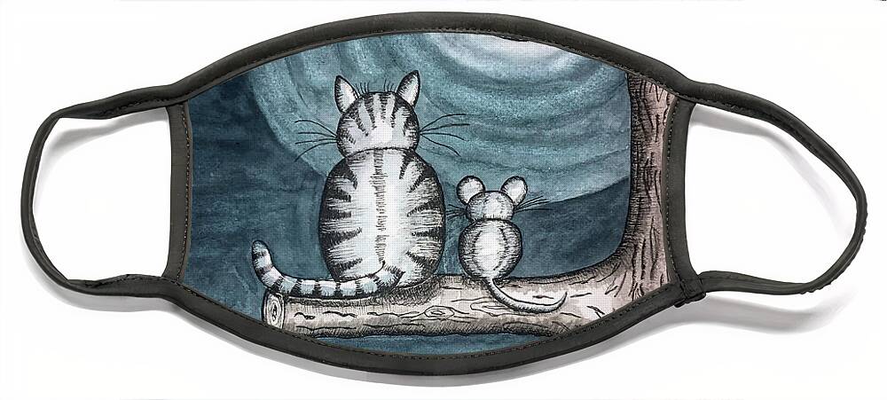 Landscape Face Mask featuring the painting Moonlight Cat and Mouse by Christina Wedberg