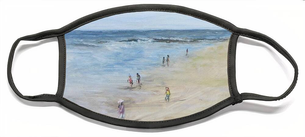 Painting Face Mask featuring the painting Morning Beach Crowd by Paula Pagliughi