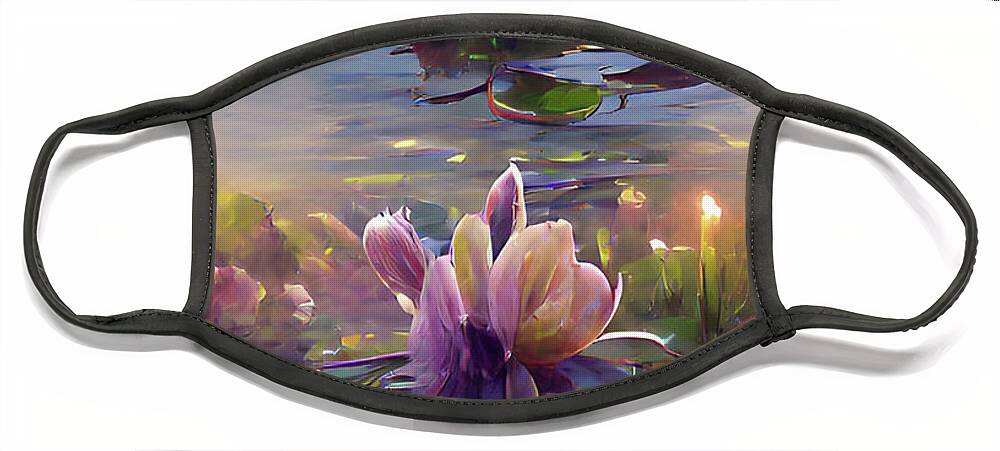 Daybreak Face Mask featuring the digital art Morning Lilypads by Bonnie Bruno