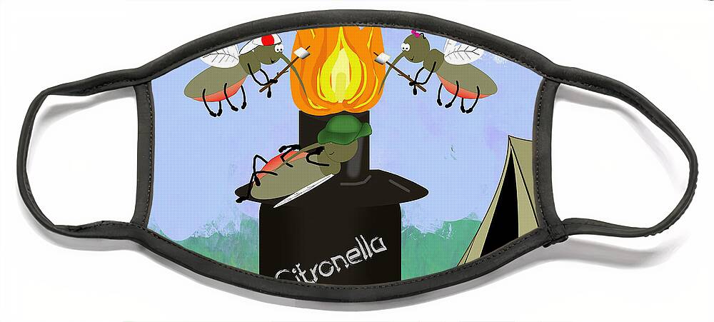 Mosquitoes Face Mask featuring the digital art Mosquito Family Camping by Tiki Torch Cartoon by Colleen Cornelius