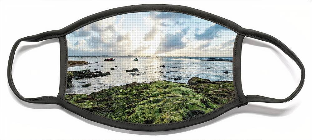 Piñones Face Mask featuring the photograph Moss Covered Lava Rocks at Sunset, Pinones, Puerto Rico by Beachtown Views
