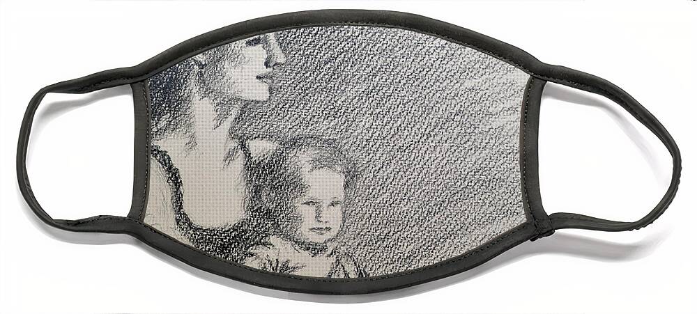Mother And Child 7 Face Mask featuring the drawing Mother and child 7 by Uma Krishnamoorthy