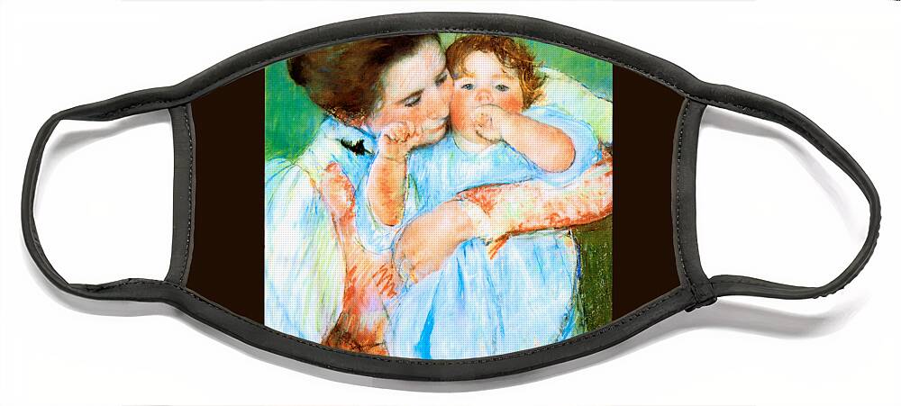 Marycassatt Face Mask featuring the painting Mother and Child against a Green Background 1887 by Mary Stevenson Cassatt