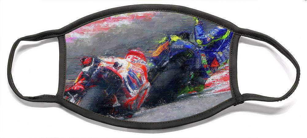 Motorcycle Face Mask featuring the painting MOTO GP Rossi vs Marquez by Vart by Vart