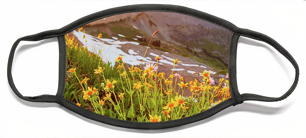 Outdoor; Hiking; Gifford Pinchot National Forest; Summer; Flowers; Mountains; Tatoosh Mountain Range; Mount Rainier; Mount Rainier Nation Park; Washington Beauty Face Mask featuring the digital art Mount Rainier Viewed from Tatoosh Fire Lookout by Michael Lee