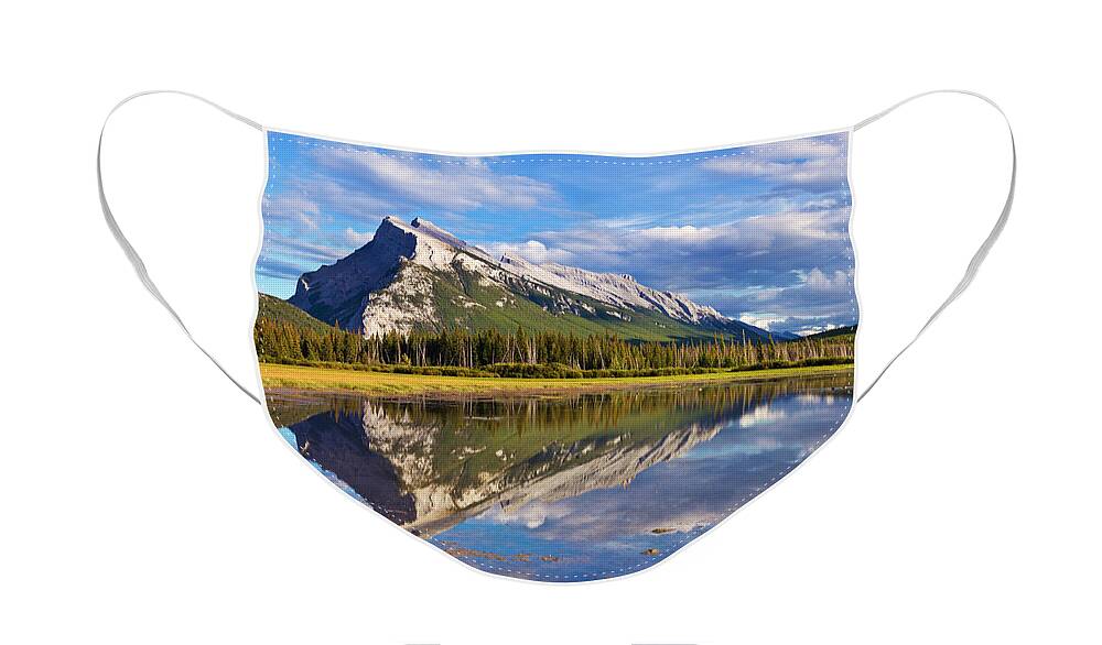Mount Rundle Face Mask featuring the photograph Mount Rundle reflected in Vermillion Lakes, Canadian Rockies by Neale And Judith Clark