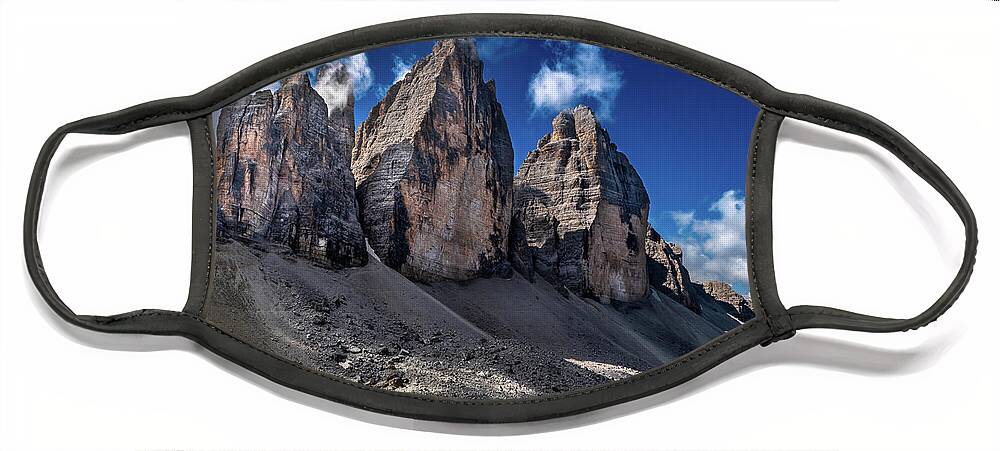 Alpine Face Mask featuring the photograph Mountain Formation Tre Cime Di Lavaredo In The Dolomites Of South Tirol In Italy by Andreas Berthold